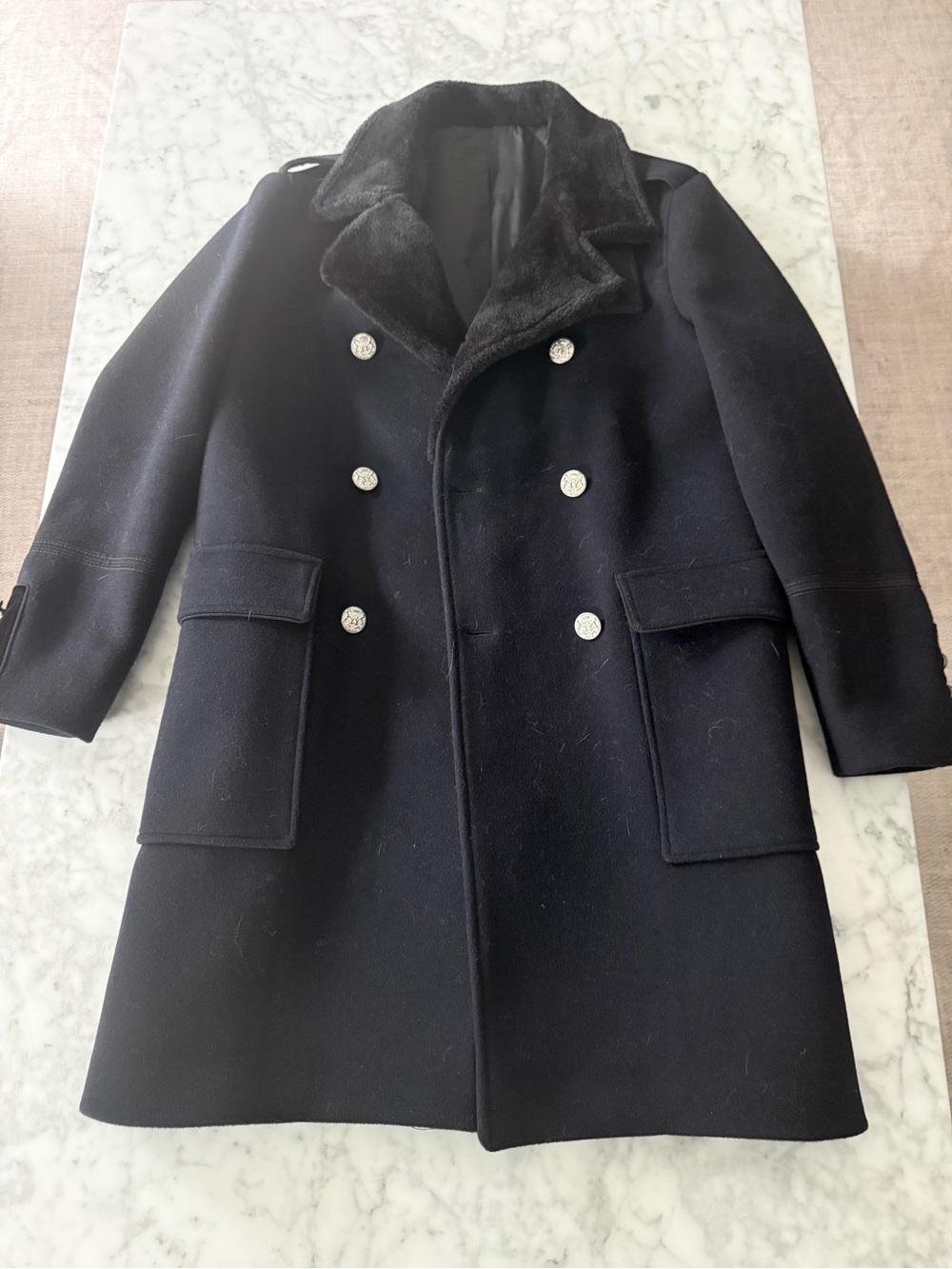 The Kooples Men's Double-Breasted Trench Coat with Faux Fur Collar - Black
